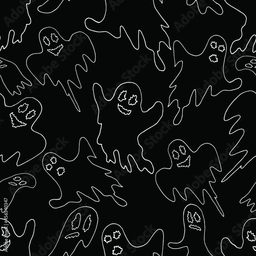 Hand drawn seamless Halloween pattern.The contours of the ghosts b on a black background. Vector illustration.