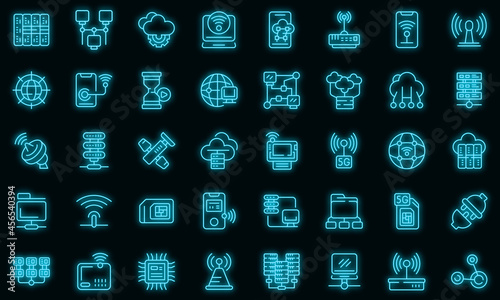 Internet provider icons set. Outline set of internet provider vector icons neon color on black
