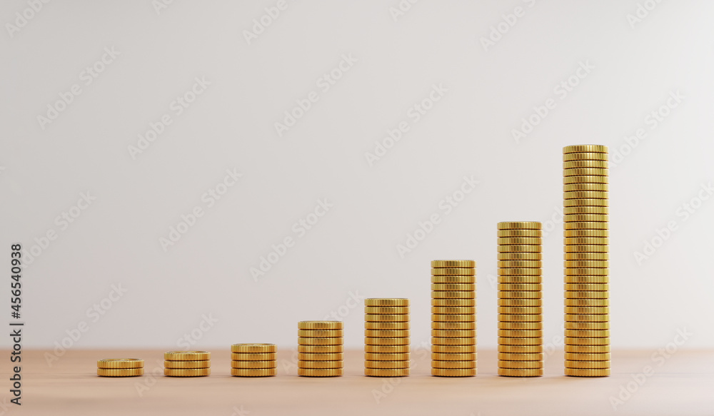 Increasing of Golden coins stacking on wooden table for investment and banking financial saving deposit concept by 3d rendering. Increasing of Golden coins stacking on wooden table for investment and banking financial saving deposit concept by 3d rendering.