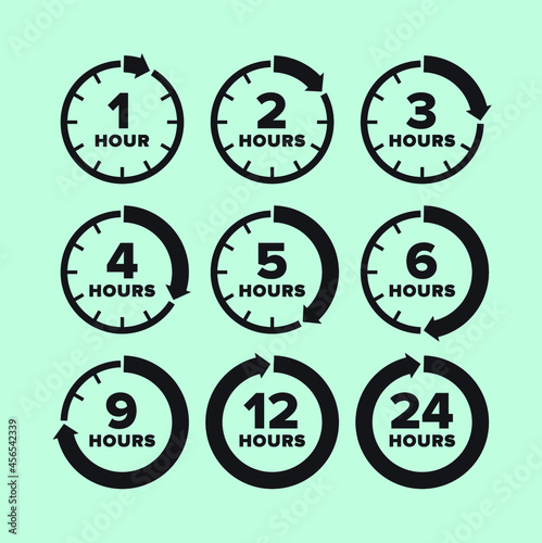 Clock and time. Watch and hours. Set of vector clock icons with time indication. Timer, time period. Elapsed time in hours.