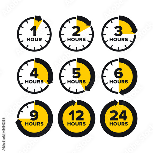 Clock and time. Watch and hours. Set of vector clock icons with time indication. Timer, time period. Elapsed time in hours. photo