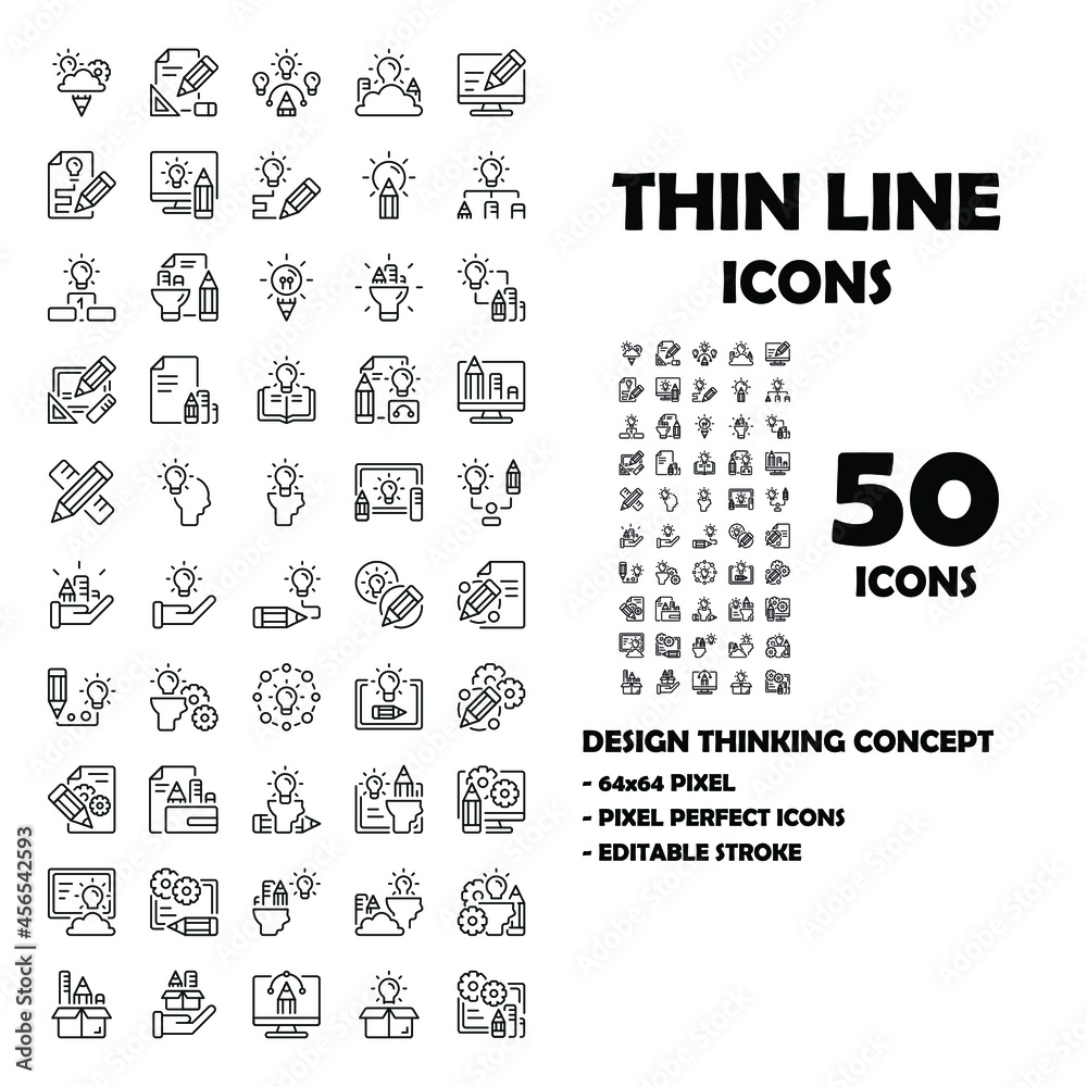 50 Icons set of Design Thinking Line icons. Such as bulb, pen and paper. 