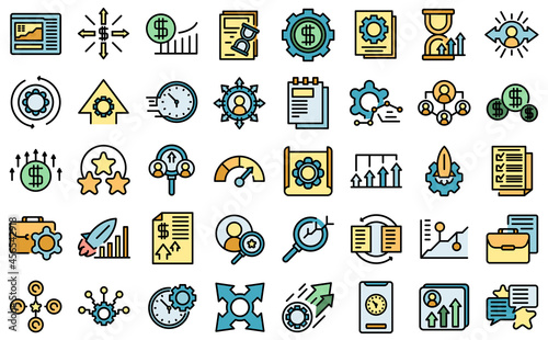 Performance management icons set. Outline set of performance management vector icons thin line color flat isolated on white