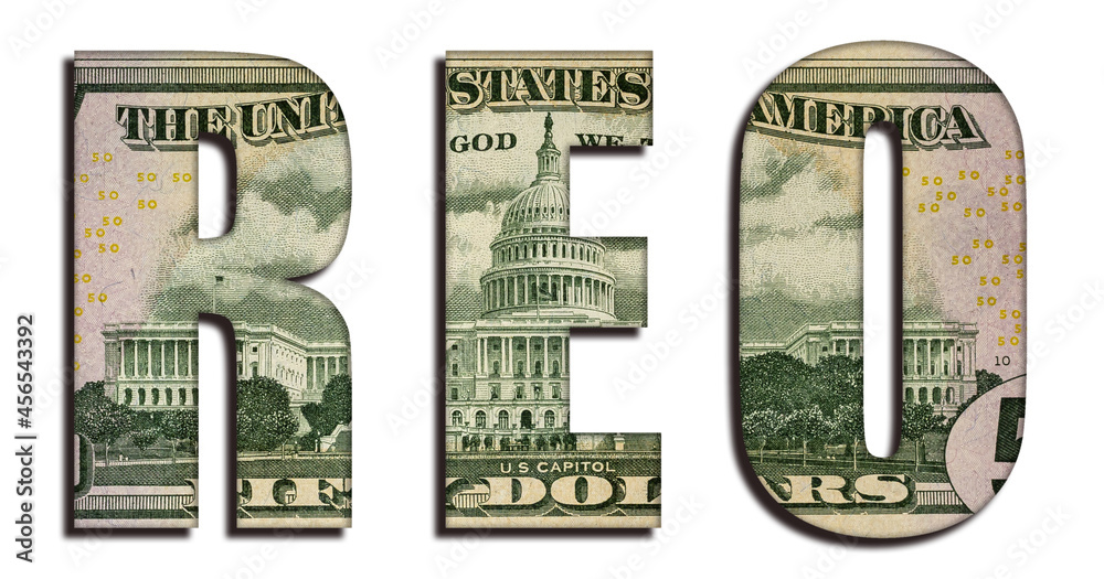 REO Real Estate Owned Abbreviation Word 50 US Real Dollar Bill Banknote