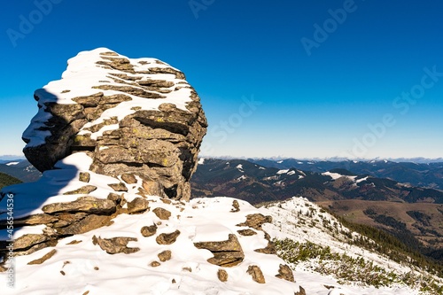 Landscapes of the Carpathian Mountains, covered with large stone ledges in Ukraine, near the village of Dzembronya photo