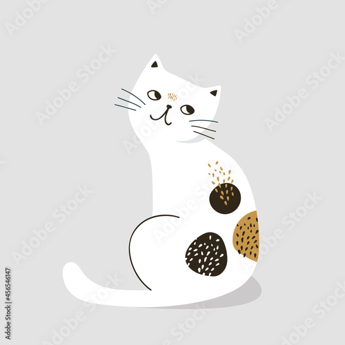 Cute sitting white catprint. Childish vector illustration in scandinavian style. Perfect for kids books, apparel design, wall art, poster photo