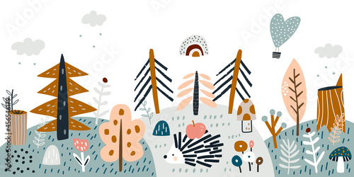 Children's woodland banner with hedgehog and forest elements. Ve