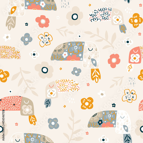 Childish seamless pattern with cute floral toucans. Summer creative texture for textile, wallpaper,apparel, digital papers.