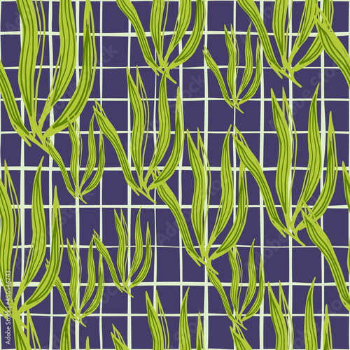 Retro seaweeds seamless pattern on stripe background.