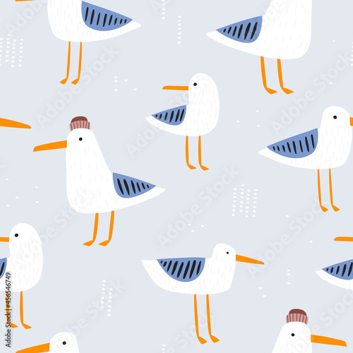 Seamless seagulls pattern. Creative marine summer background. Vector illustration