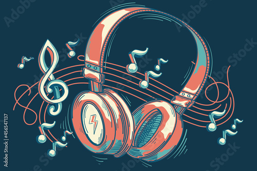 Colorful musical headphones and notes - music design