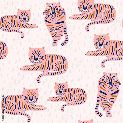 Seamless pink pattern with wild pink tigers and hand drawn elements. Creative animals texture for fabric, wrapping, textile, wallpaper, apparel. Vector illustration