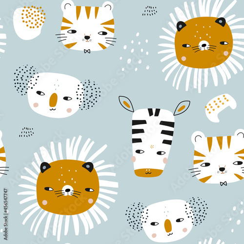 Seamless childish pattern with cute animals. Modern cartoon koala, tiger, lion, zebra texture for fabric, textile, wallpaper. Vector illustration