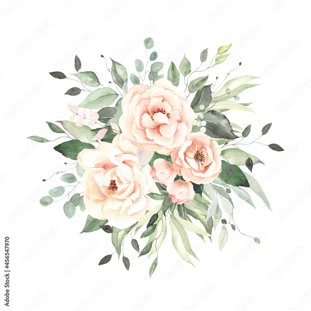 Hand painted bouquet with blush roses and foliage, floral decor with design elements, watercolor illustration isolated on white background for your wedding, birthday, invitation or greeting cards.