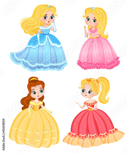 cartoon characters snow white  cinderella  the little mermaid ariel and belle isolated on white background. beautiful fairy princesses in elegant dresses 