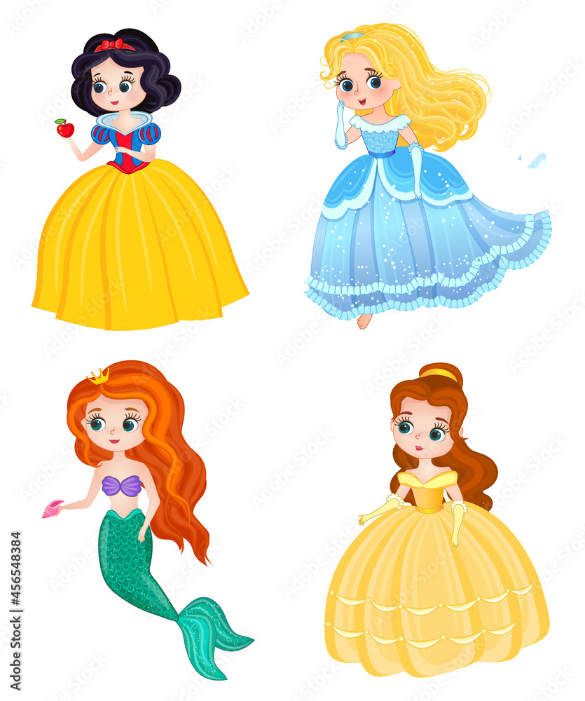 cartoon characters snow white, cinderella, the little mermaid ariel and  belle isolated on white background. beautiful fairy princesses in elegant  dresses Stock Illustration | Adobe Stock