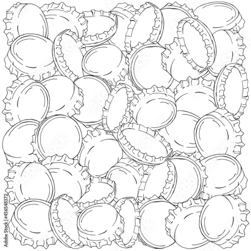 A lot of Bottle caps. Pattern for coloring book. Set of Bottle metal caps, hand-drawn decorative elements in the vector. Doodles. Black and white.