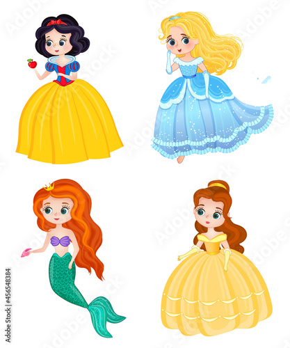 cartoon characters snow white, cinderella, the little mermaid ariel and belle isolated on white background. beautiful fairy princesses in elegant dresses  photo