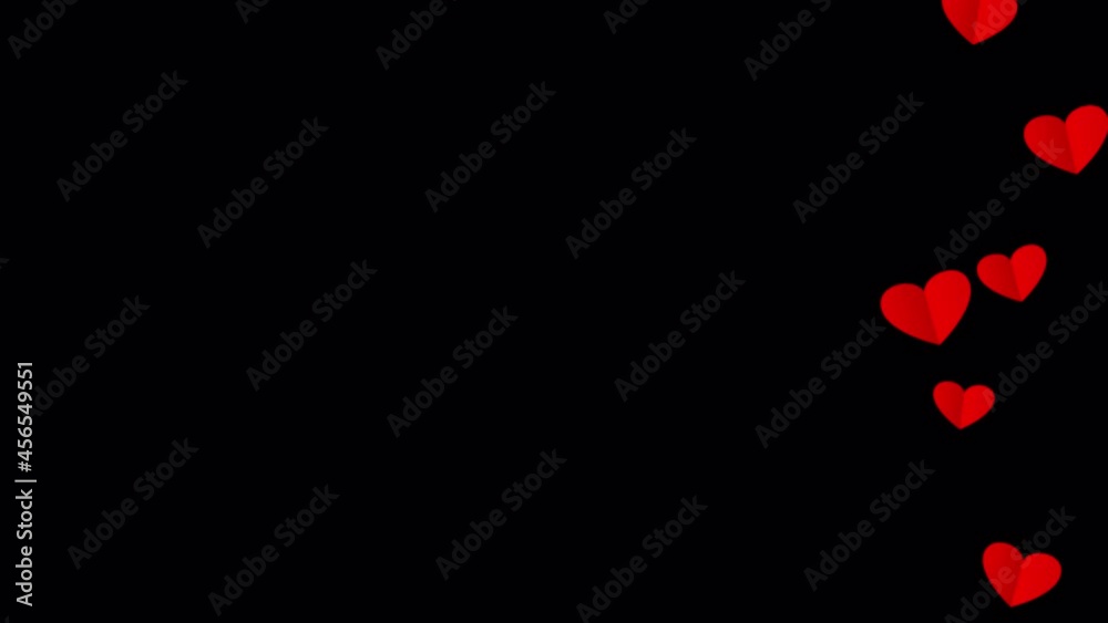 Right red Hearts float up motion for Valentine's day Greeting love video. 4K Romantic looped animation on black background with blank copy space for Romantic background, St. Valentines Day, Mother's d