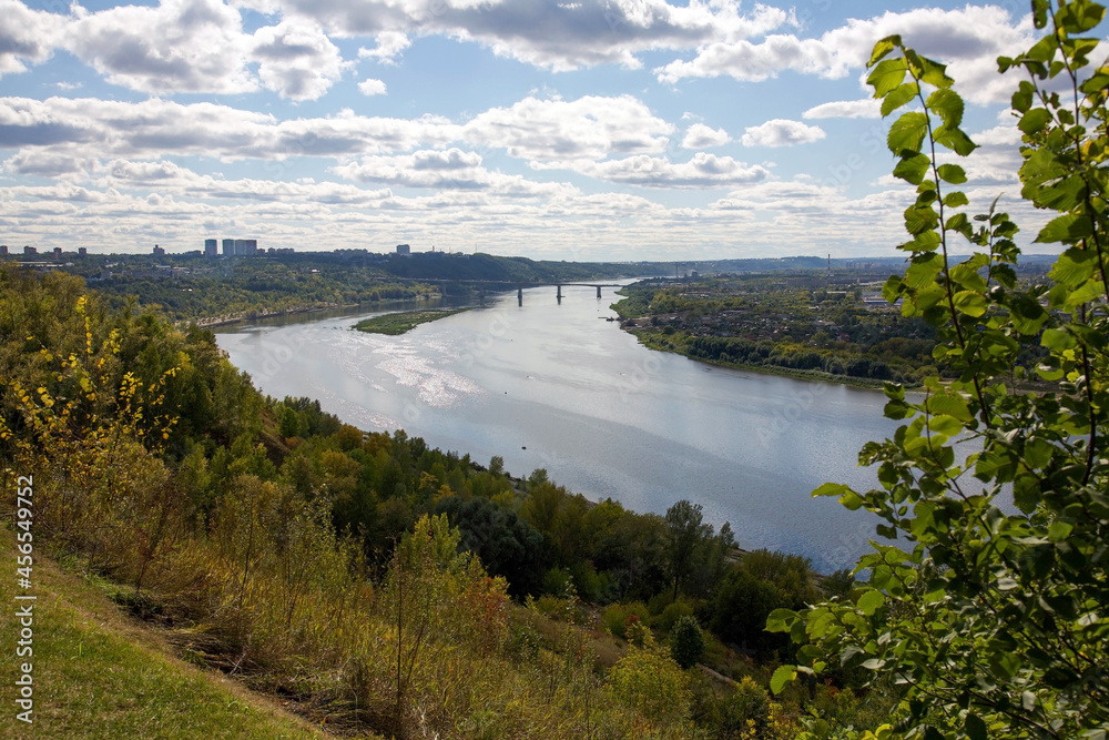 Autumn view of Nizhny Novgorod and the Oka River from the slope of the central park