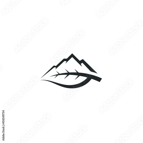 Leaf Silhouette With Illustration of Peaks Hills Mountains, Minimalist Landscape Logo Design Vector