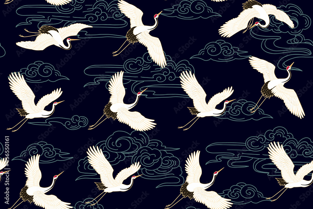 Seamless pattern with cloud motives and cranes