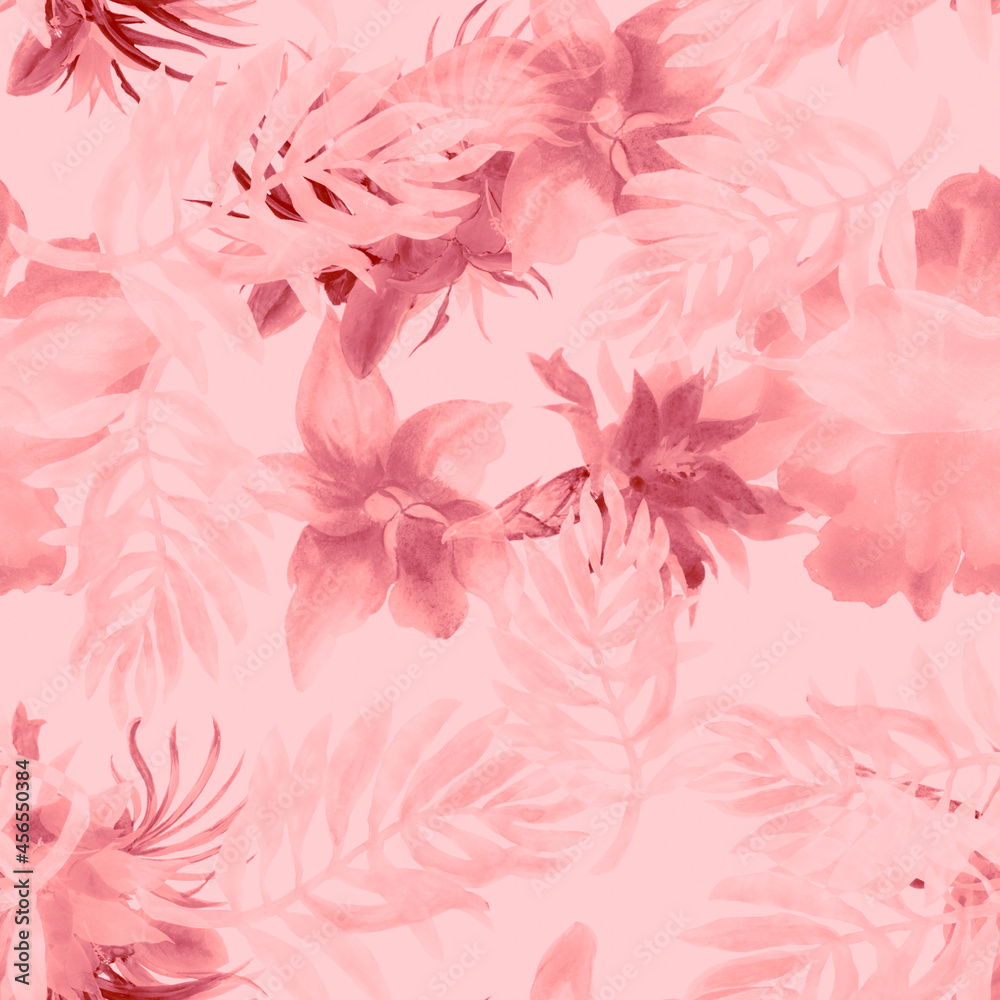 Flush Watercolor Texture. Coral Flower Decor. Blur Seamless Print. Pattern Leaf. Tropical Wallpaper. Isolated Print. Fashion Print. Botanical Leaves.