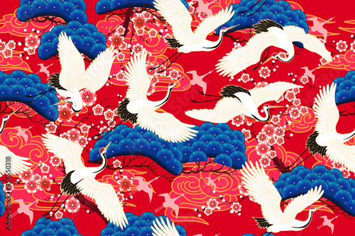 Seamless pattern with floral motives and cranes