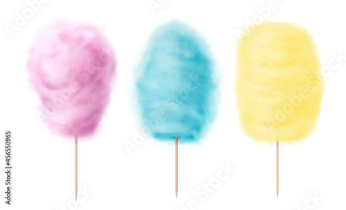 Pink, blue and yellow cotton candy. Sweet sugar clouds realistic Vector isolated illustration