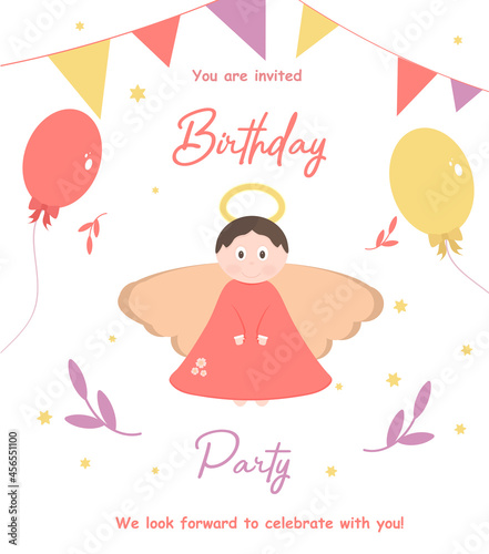 Baby Birthday party invitation card template with a beautiful angel.