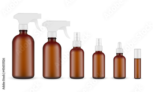 Set of Amber Cosmetic Bottles Spray, Dropper, Roller for Cleaning Products, Essential Oils or Aromatherapy. Vector Illustration