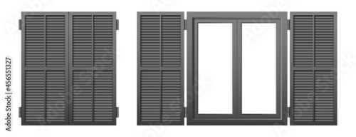 Set of window shutters isolated on a white background. Vector illustration of closed and opened gray window shutter. photo
