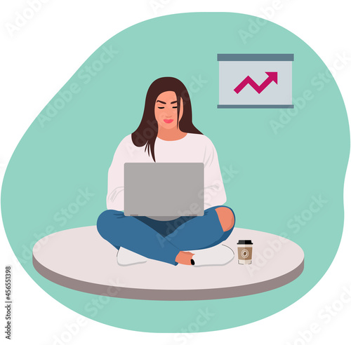 Working woman with a laptop with a coffee. Vector illustration.