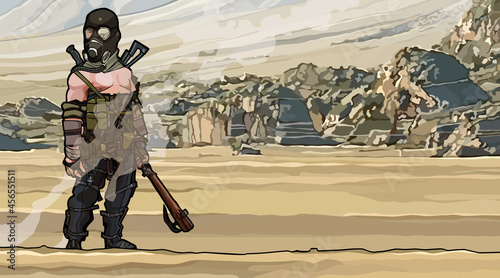 cartoon man in gas mask apocalypse survivor with wasteland background