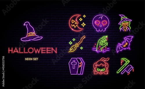 Halloween neon icons vector set. Happy halloween glowing light line signs isolated on dark brick wall background. Halloween typographic led design.