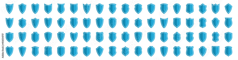 Set of flat silhouette icons of protective shields. Knightly military shield insignia of different shapes. Vector elements. - obrazy, fototapety, plakaty 
