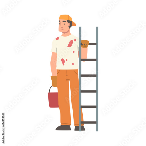 Handyman or Fixer as Skilled Man with Ladder and Paints in Bucket Engaged in Home Repair Work Vector Illustration