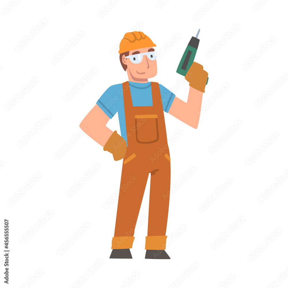 Handyman or Fixer as Skilled Man in Overall with Drill Engaged in Home Repair Work Vector Illustration