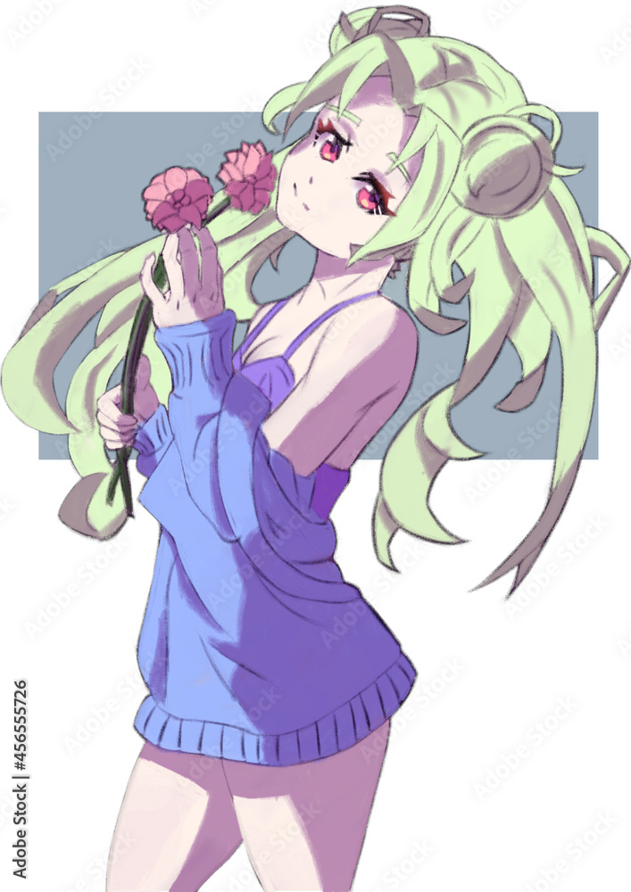 A slender cute girl in the style of manga and anime with green long hair in a sweater holding flowers in her arms is made in color with a background 2d illustration