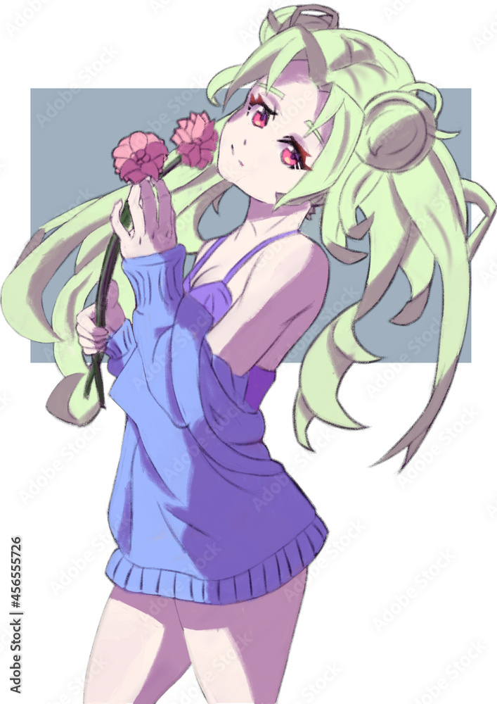 A slender cute girl in the style of manga and anime with green long hair in a sweater holding flowers in her arms is made in color with a background 2d illustration A slender cute girl in the style of manga and anime with green long hair in a sweater holding flowers in her arms is made in color with a background 2d illustration