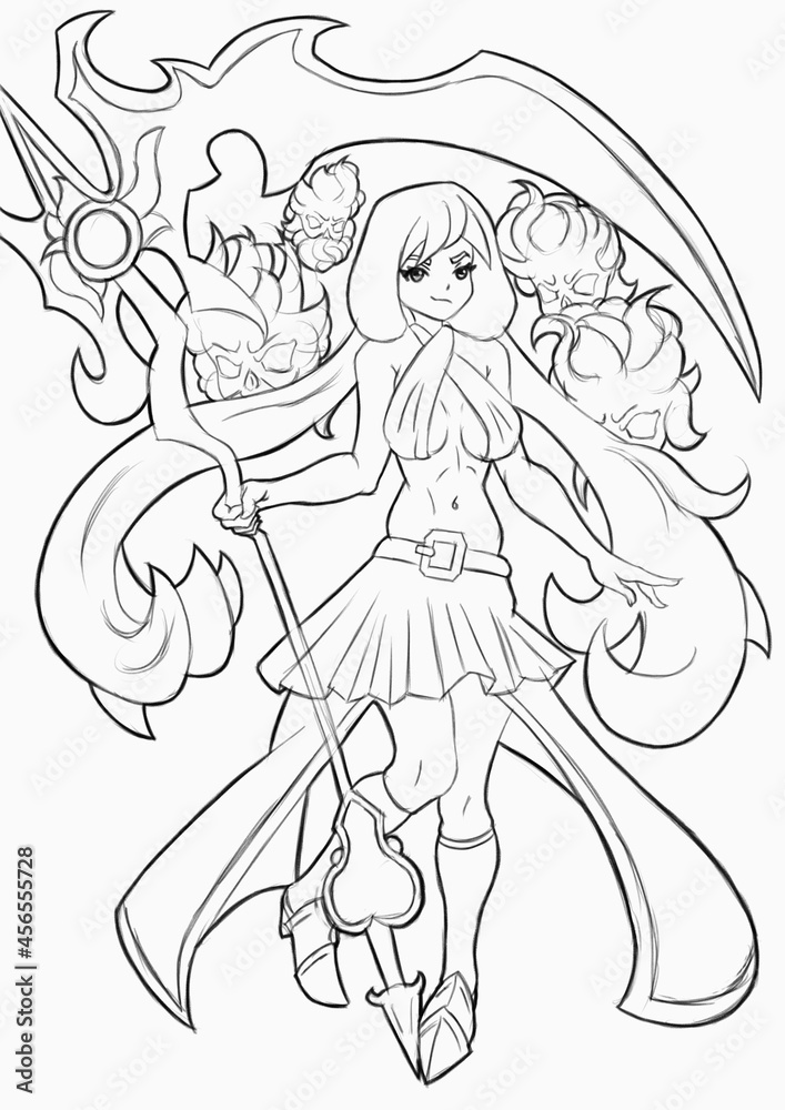 Anime manga cute girl-warrior reaper with a huge scythe flying around the skull she is an angel-, the work is done by lines, 2d illustration
