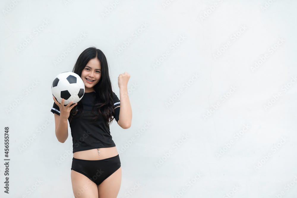 Young beautiful asian woman wear soccer player cheer sport,Female fans football cheering game