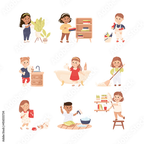 Cute Kids Doing Housework and Housekeeping Washing the Dishes and Dusting Vector Set