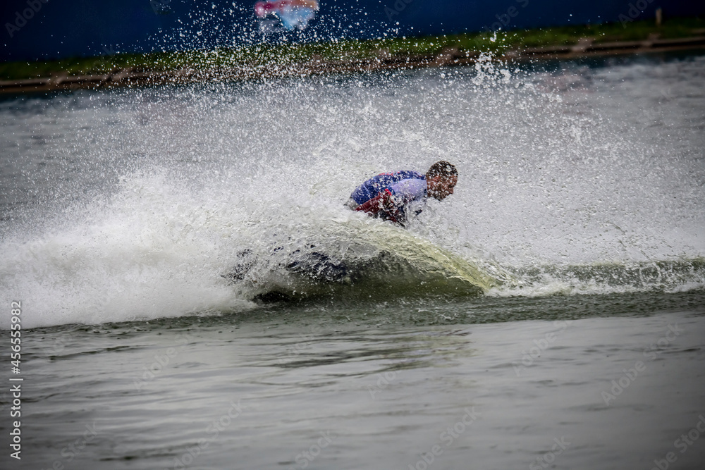 Naklejka premium breathtaking stunts on a water bike in open water in Krylatskoye in Moscow at the international championship