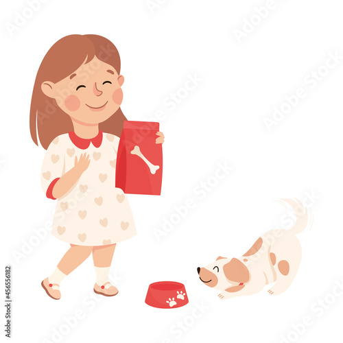 Cute Girl Feeding the Dog Doing Housework and Housekeeping Vector Illustration