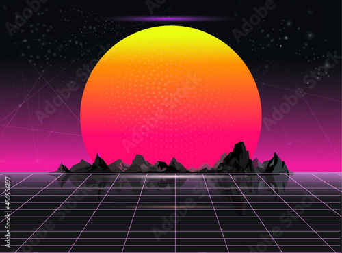 Retro background futuristic landscape 80s style. Digital landscape cyber surface. Retro music album cover template: sun, space, mountains. 