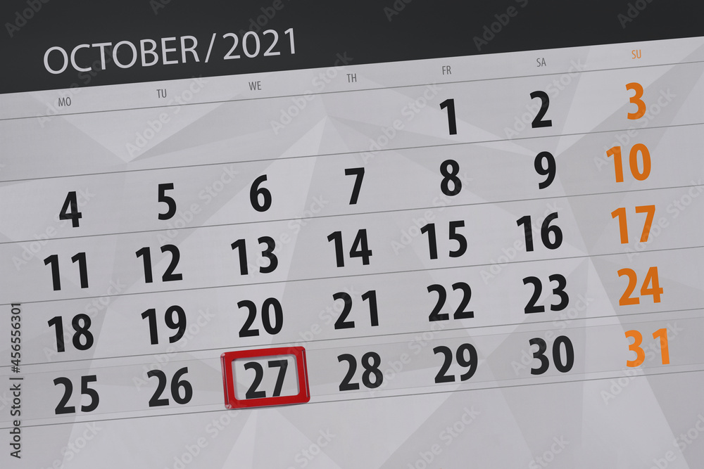 Fototapeta premium Calendar planner for the month october 2021, deadline day, 27, wednesday