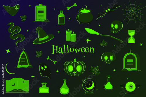Happy Halloween. Halloween clipart, vector objects, bat, cauldron, bone, book, broom, candles, crescent moon, flying eye, maple leaf, ghost, hat, tombstones, hourglass, magic ball, potion, pumpkin