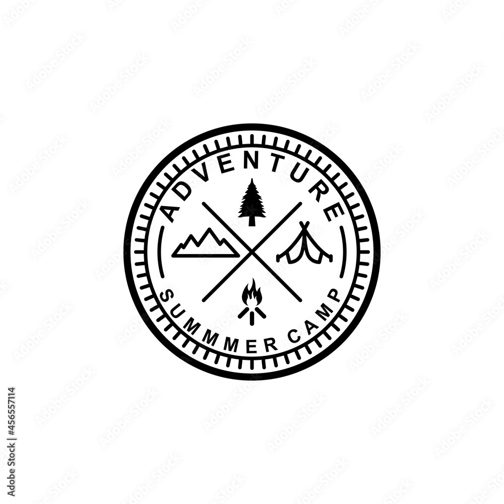 Summer camp and Adventure outdoors vintage logo, emblems, silhouettes and design elements