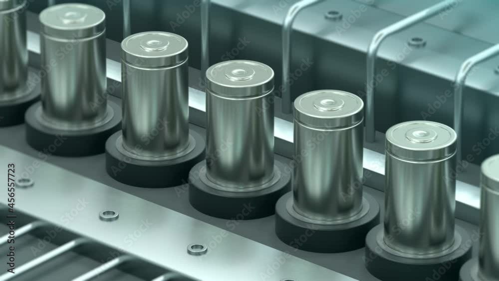 Manufacture Lithium-ion Battery For Electric Vehicles. Li-ion Batteries on a conveyor belt